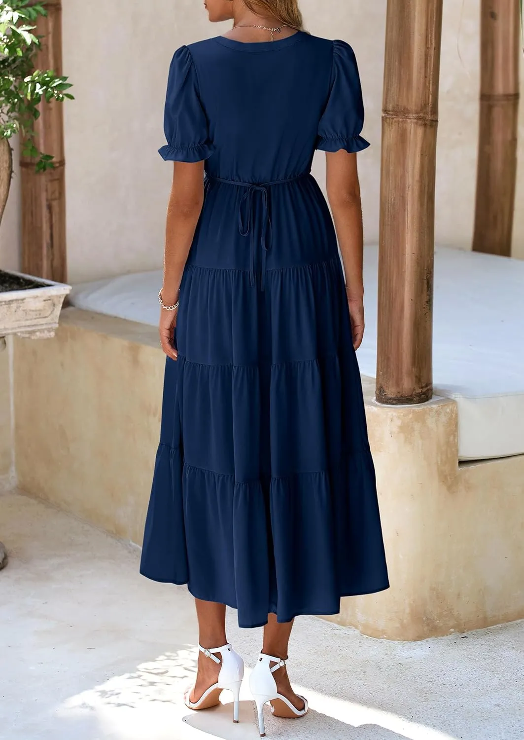PRETTYGARDEN Women's Summer Casual Short Sleeve V Neck Midi Dresses 2025 Spring A-line Tiered Wedding Guest Dress