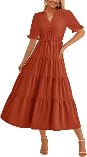 PRETTYGARDEN Women's Summer Casual Short Sleeve V Neck Midi Dresses 2025 Spring A-line Tiered Wedding Guest Dress