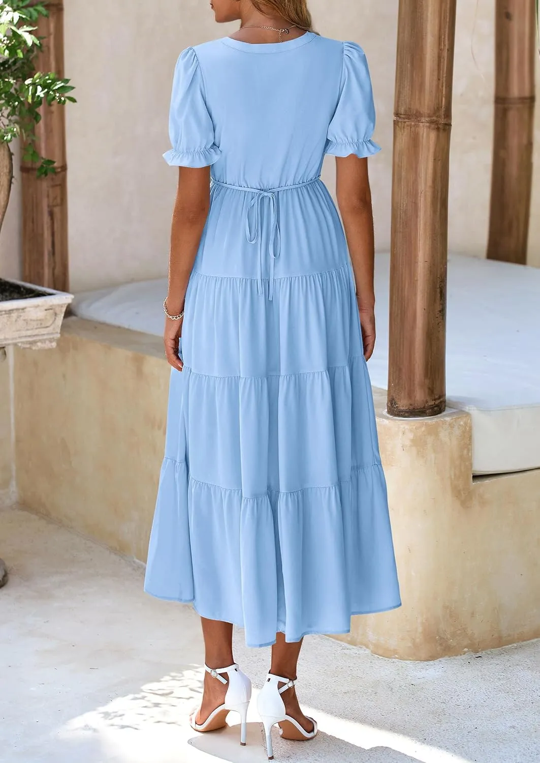 PRETTYGARDEN Women's Summer Casual Short Sleeve V Neck Midi Dresses 2025 Spring A-line Tiered Wedding Guest Dress