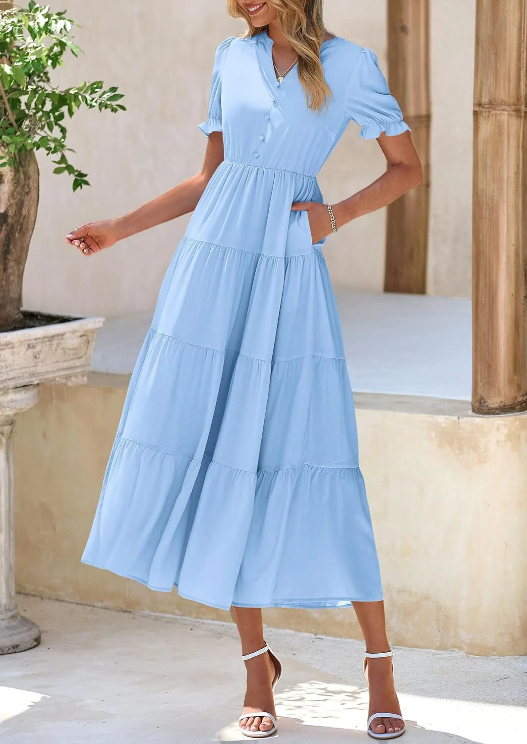 PRETTYGARDEN Women's Summer Casual Short Sleeve V Neck Midi Dresses 2025 Spring A-line Tiered Wedding Guest Dress