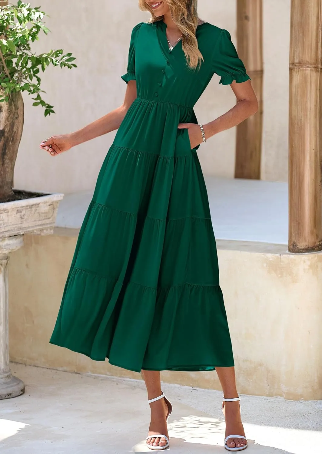 PRETTYGARDEN Women's Summer Casual Short Sleeve V Neck Midi Dresses 2025 Spring A-line Tiered Wedding Guest Dress