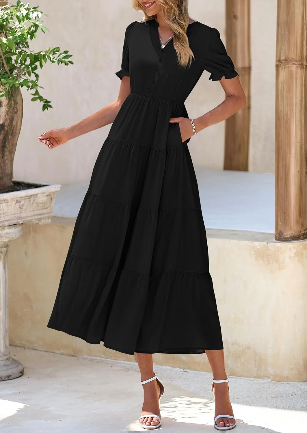 PRETTYGARDEN Women's Summer Casual Short Sleeve V Neck Midi Dresses 2025 Spring A-line Tiered Wedding Guest Dress