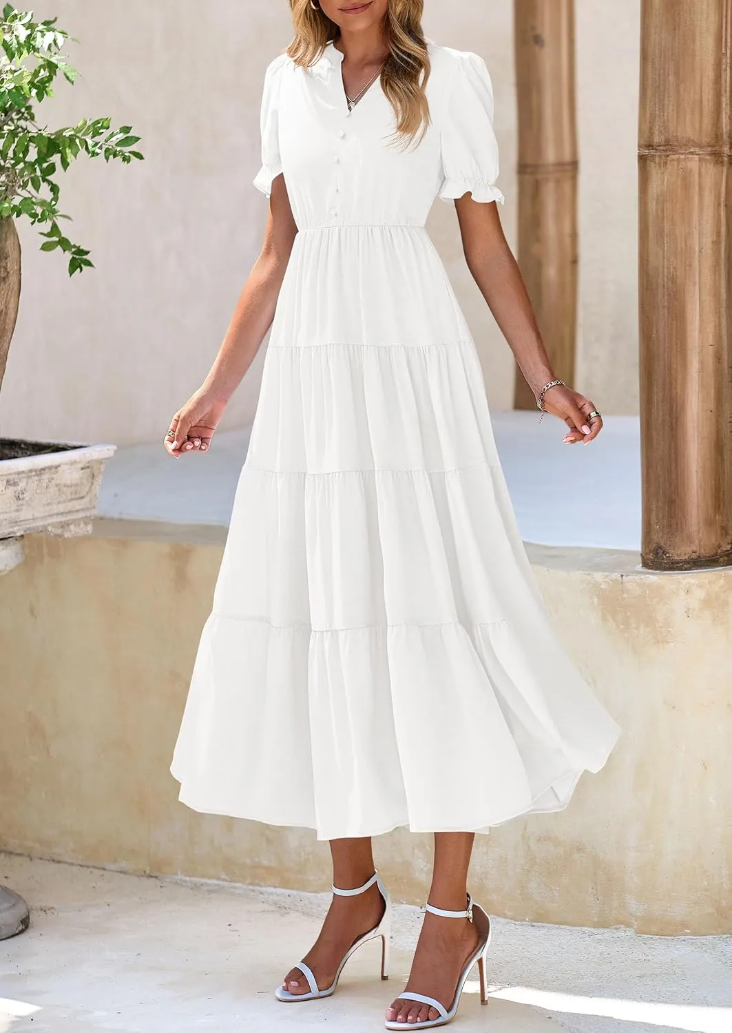 PRETTYGARDEN Women's Summer Casual Short Sleeve V Neck Midi Dresses 2025 Spring A-line Tiered Wedding Guest Dress