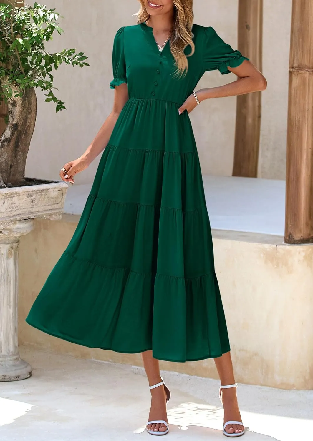 PRETTYGARDEN Women's Summer Casual Short Sleeve V Neck Midi Dresses 2025 Spring A-line Tiered Wedding Guest Dress