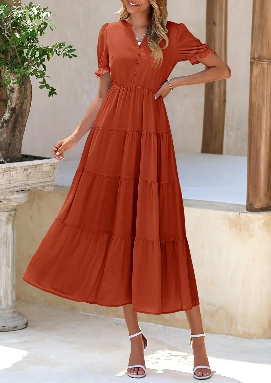 PRETTYGARDEN Women's Summer Casual Short Sleeve V Neck Midi Dresses 2025 Spring A-line Tiered Wedding Guest Dress