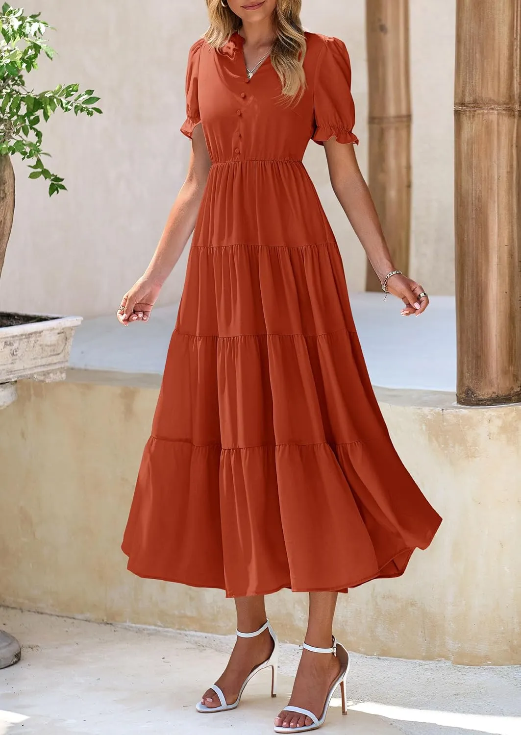 PRETTYGARDEN Women's Summer Casual Short Sleeve V Neck Midi Dresses 2025 Spring A-line Tiered Wedding Guest Dress