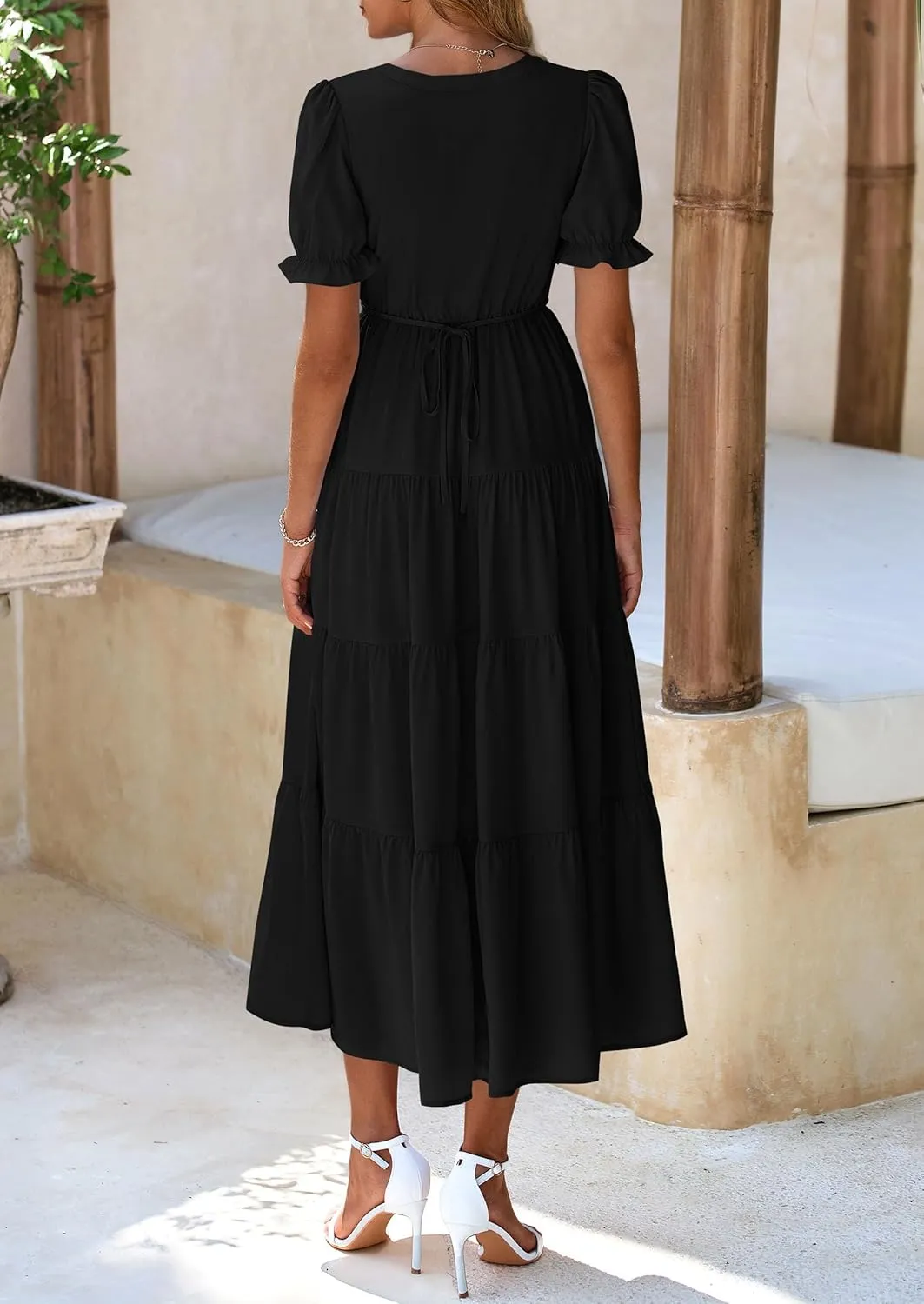 PRETTYGARDEN Women's Summer Casual Short Sleeve V Neck Midi Dresses 2025 Spring A-line Tiered Wedding Guest Dress
