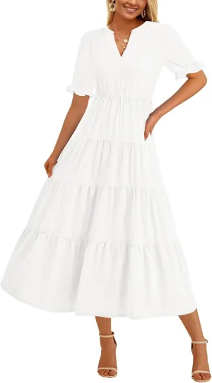 PRETTYGARDEN Women's Summer Casual Short Sleeve V Neck Midi Dresses 2025 Spring A-line Tiered Wedding Guest Dress
