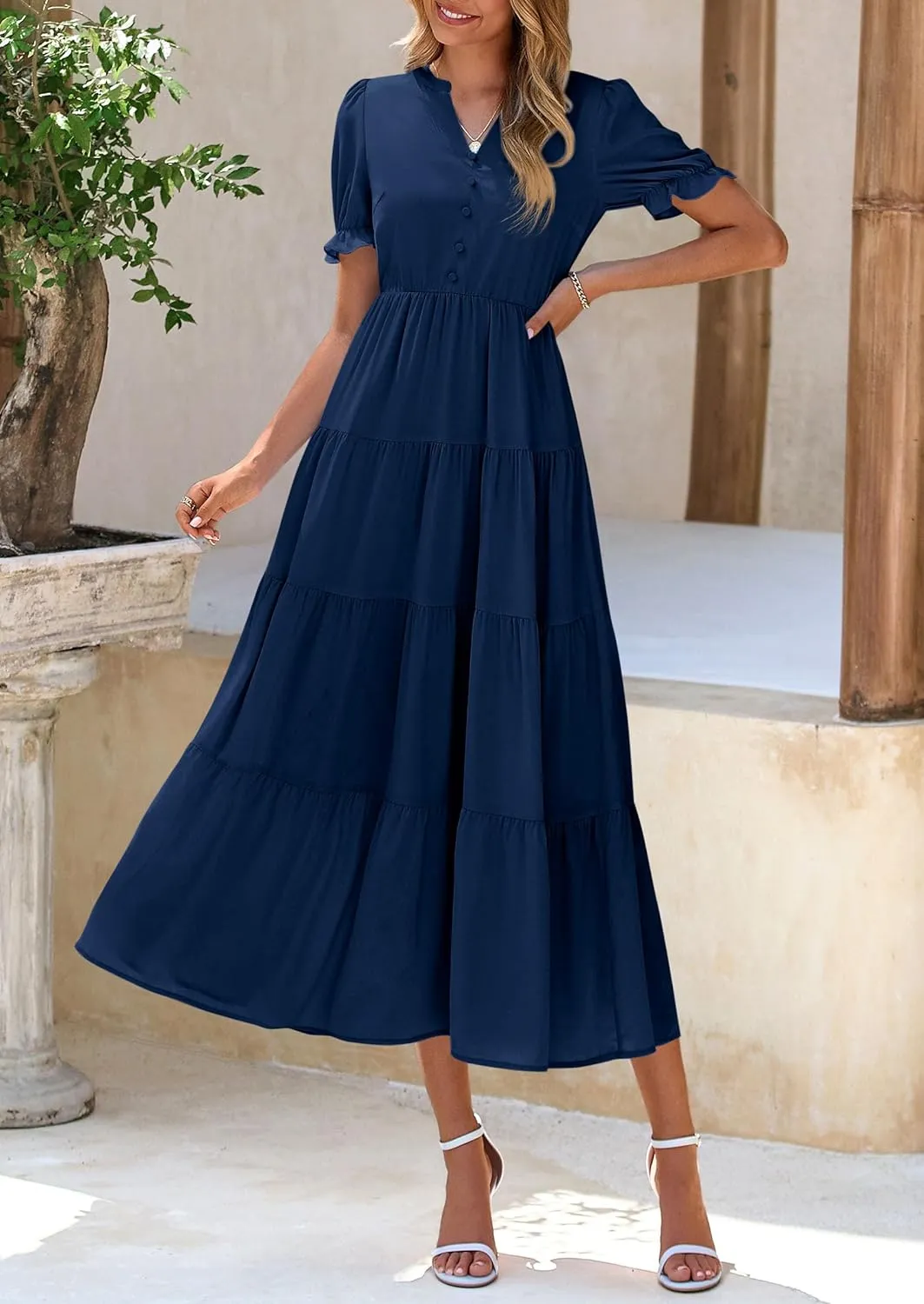 PRETTYGARDEN Women's Summer Casual Short Sleeve V Neck Midi Dresses 2025 Spring A-line Tiered Wedding Guest Dress