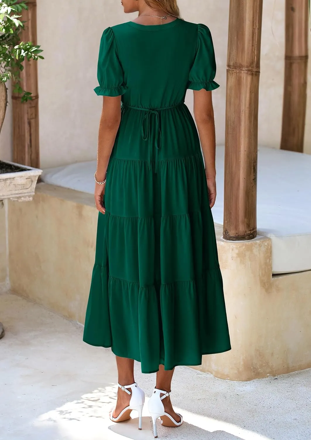 PRETTYGARDEN Women's Summer Casual Short Sleeve V Neck Midi Dresses 2025 Spring A-line Tiered Wedding Guest Dress