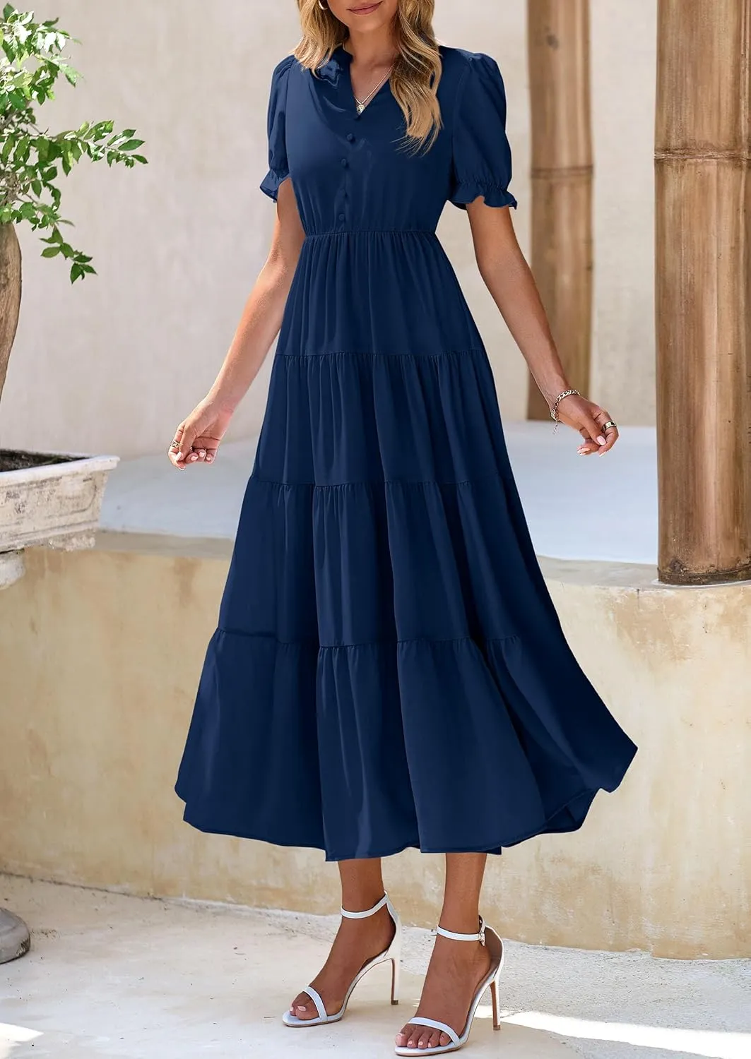 PRETTYGARDEN Women's Summer Casual Short Sleeve V Neck Midi Dresses 2025 Spring A-line Tiered Wedding Guest Dress