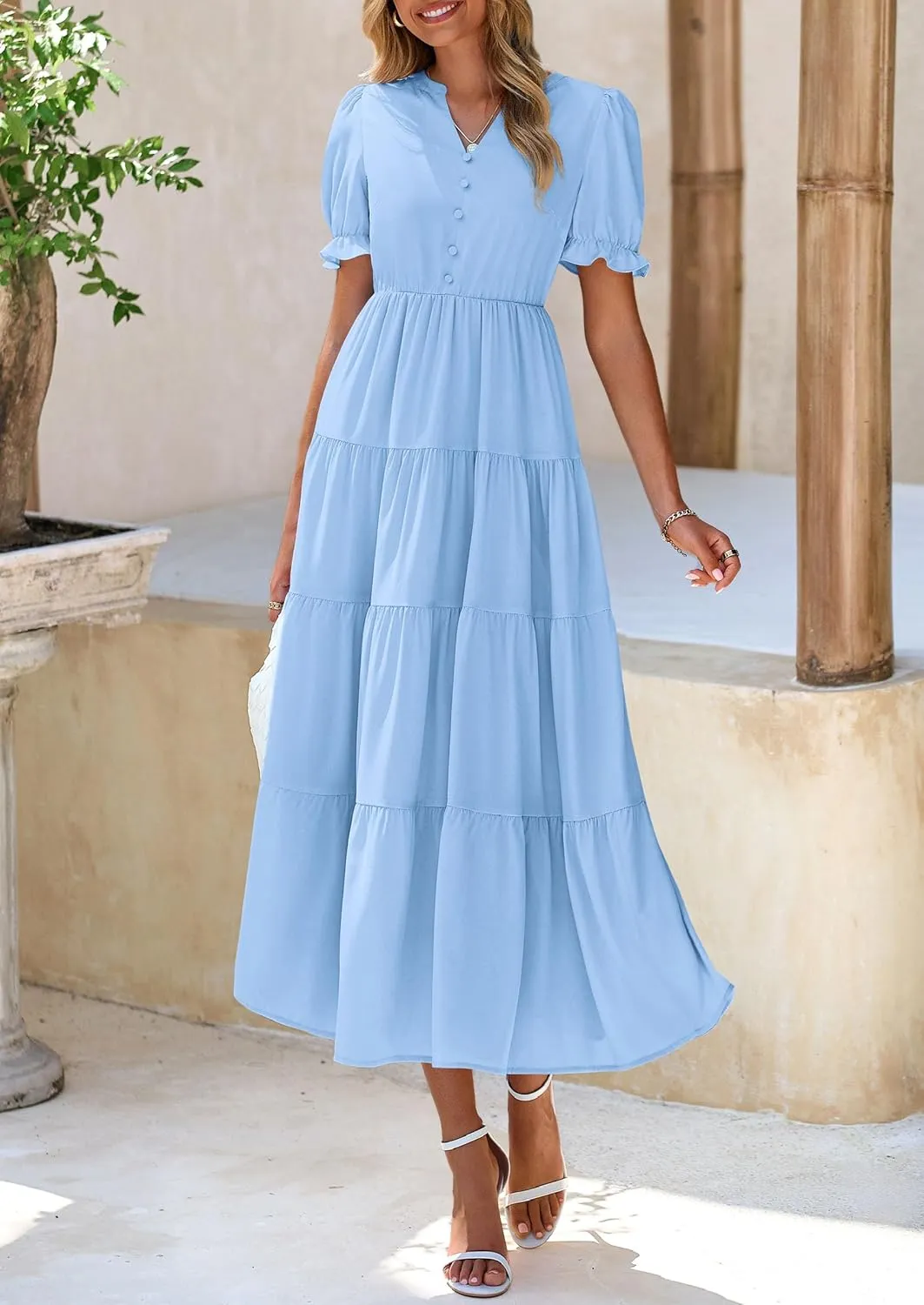 PRETTYGARDEN Women's Summer Casual Short Sleeve V Neck Midi Dresses 2025 Spring A-line Tiered Wedding Guest Dress