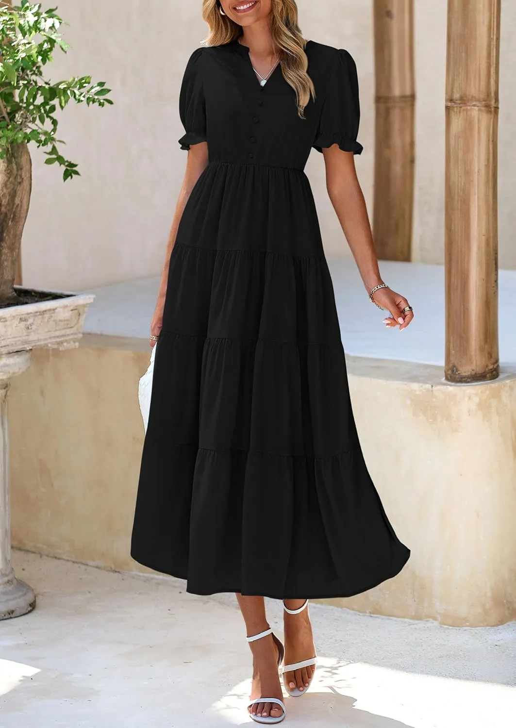 PRETTYGARDEN Women's Summer Casual Short Sleeve V Neck Midi Dresses 2025 Spring A-line Tiered Wedding Guest Dress