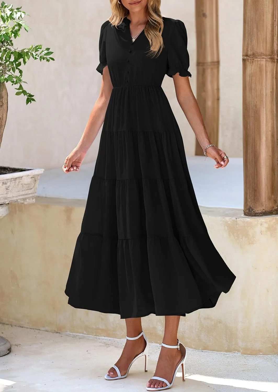 PRETTYGARDEN Women's Summer Casual Short Sleeve V Neck Midi Dresses 2025 Spring A-line Tiered Wedding Guest Dress