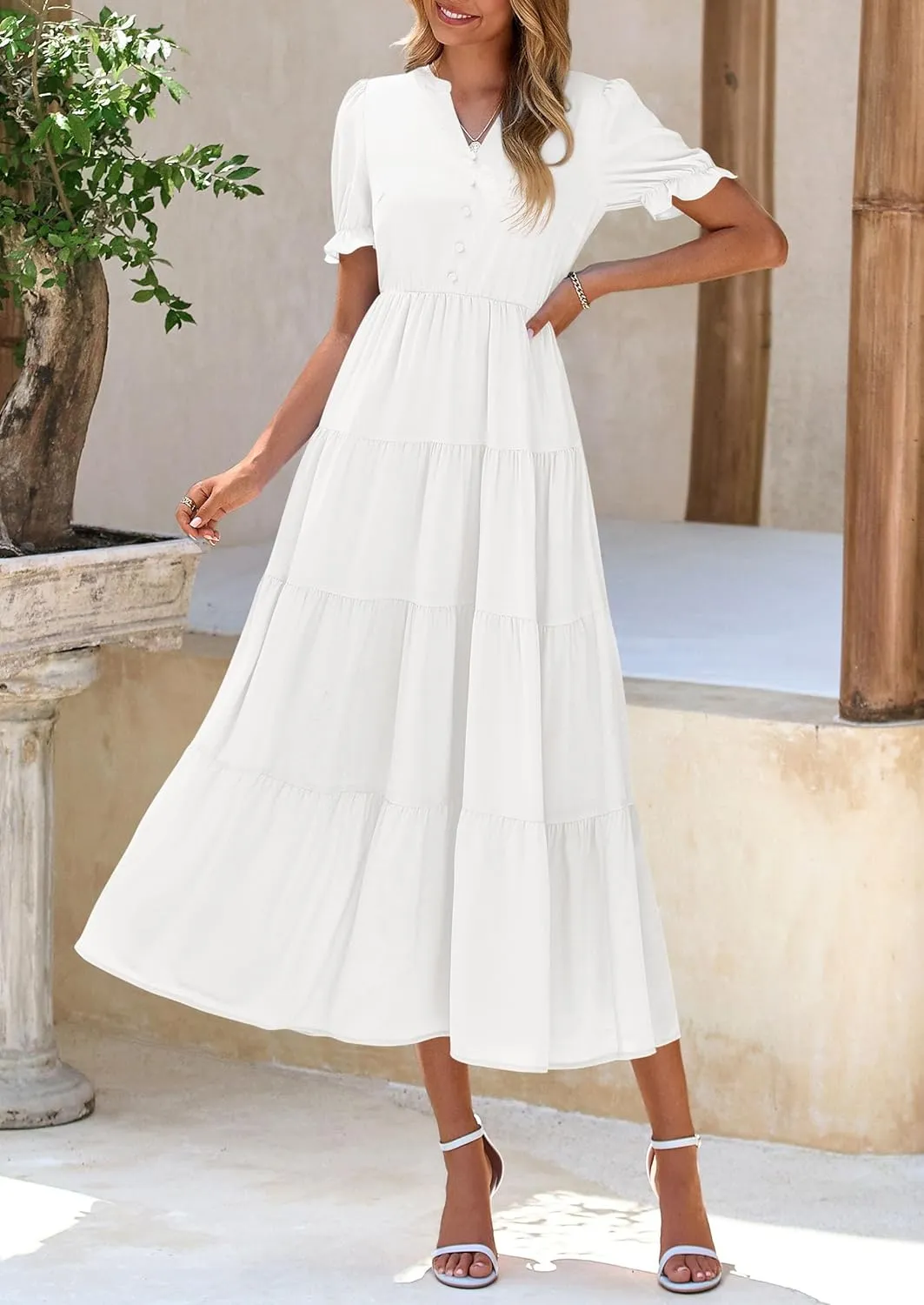 PRETTYGARDEN Women's Summer Casual Short Sleeve V Neck Midi Dresses 2025 Spring A-line Tiered Wedding Guest Dress