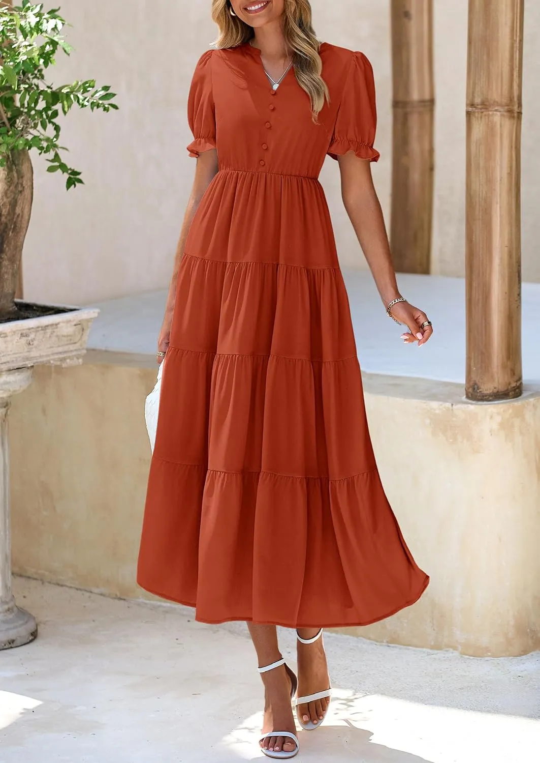 PRETTYGARDEN Women's Summer Casual Short Sleeve V Neck Midi Dresses 2025 Spring A-line Tiered Wedding Guest Dress
