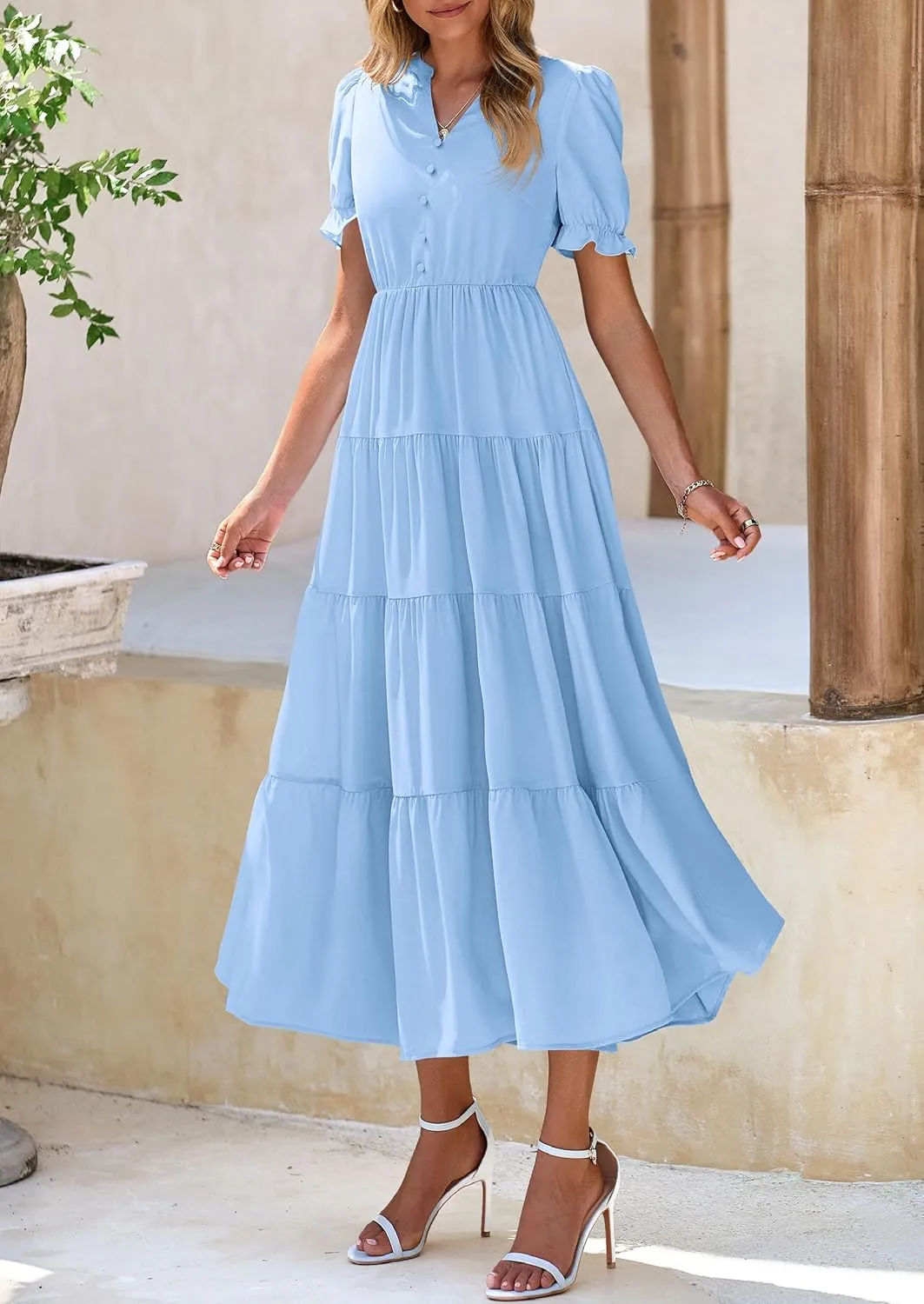 PRETTYGARDEN Women's Summer Casual Short Sleeve V Neck Midi Dresses 2025 Spring A-line Tiered Wedding Guest Dress