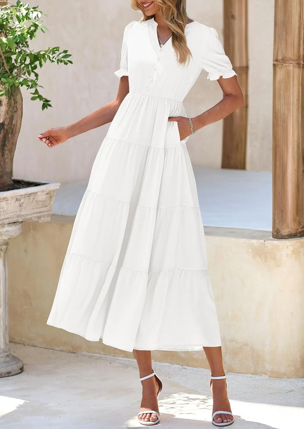 PRETTYGARDEN Women's Summer Casual Short Sleeve V Neck Midi Dresses 2025 Spring A-line Tiered Wedding Guest Dress