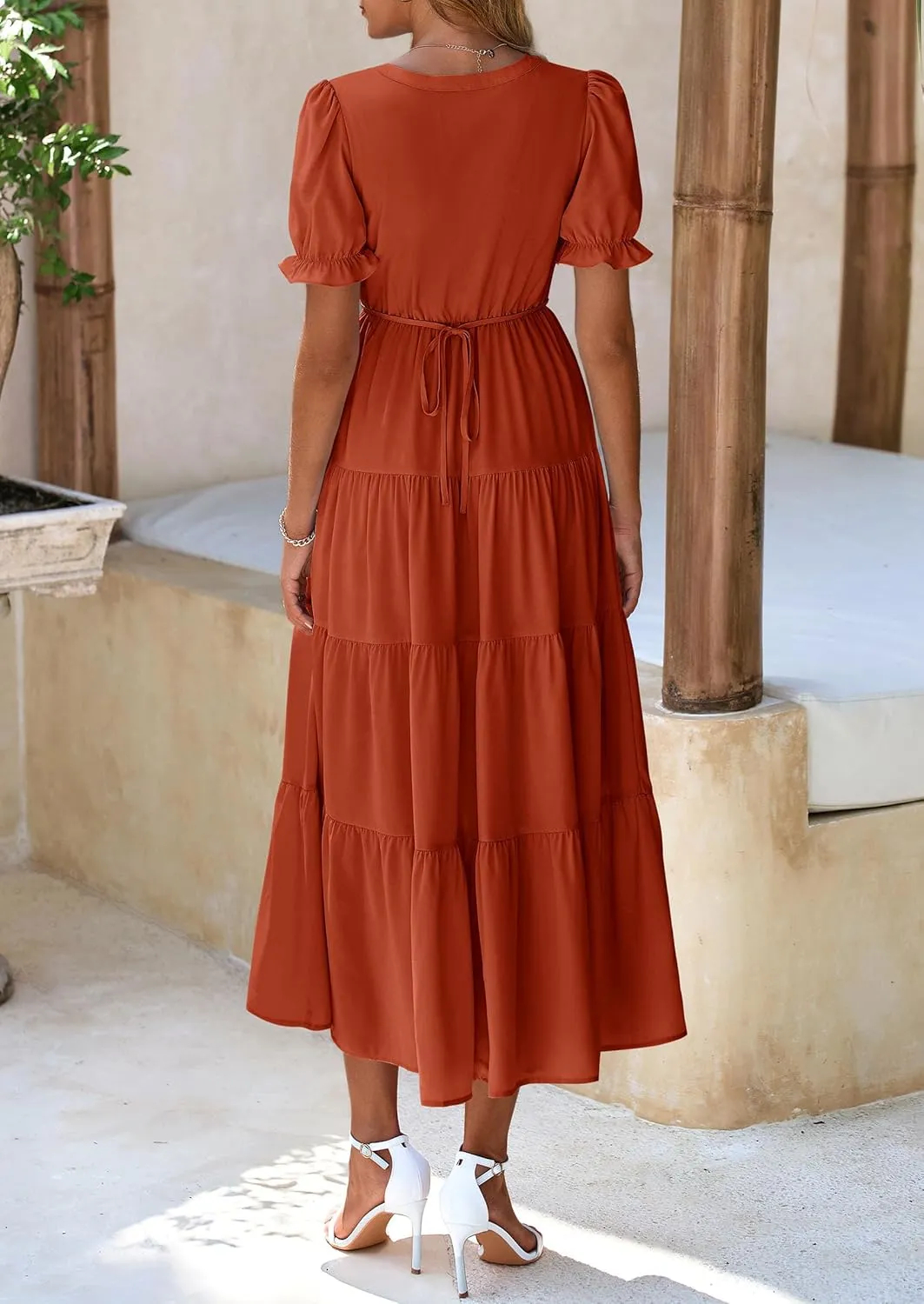 PRETTYGARDEN Women's Summer Casual Short Sleeve V Neck Midi Dresses 2025 Spring A-line Tiered Wedding Guest Dress