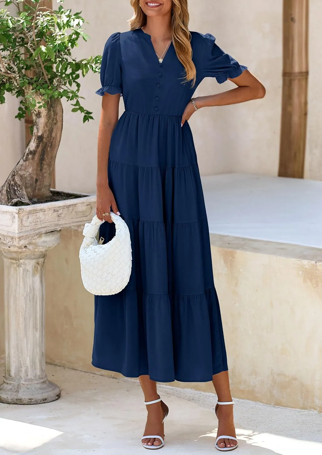 PRETTYGARDEN Women's Summer Casual Short Sleeve V Neck Midi Dresses 2025 Spring A-line Tiered Wedding Guest Dress