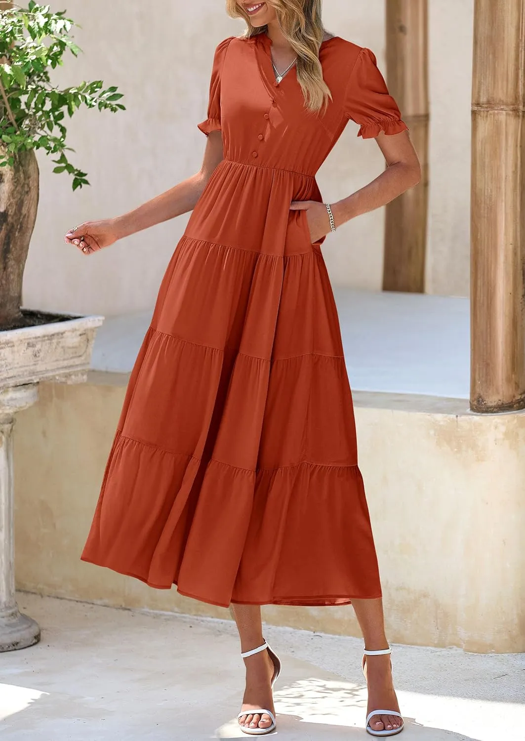 PRETTYGARDEN Women's Summer Casual Short Sleeve V Neck Midi Dresses 2025 Spring A-line Tiered Wedding Guest Dress