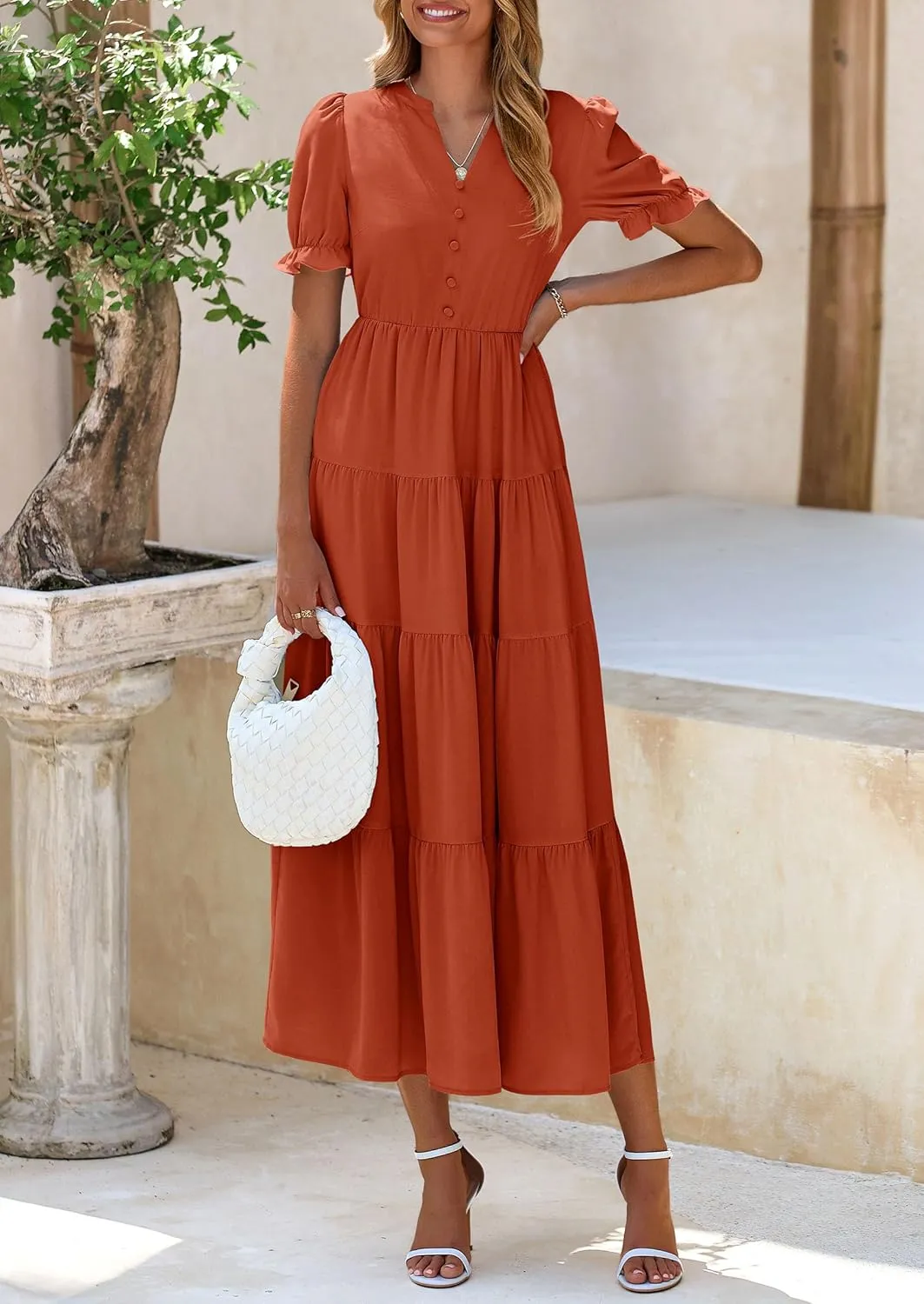 PRETTYGARDEN Women's Summer Casual Short Sleeve V Neck Midi Dresses 2025 Spring A-line Tiered Wedding Guest Dress