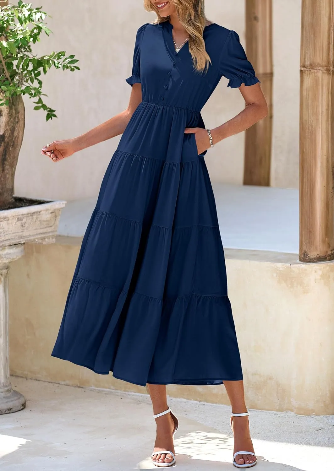 PRETTYGARDEN Women's Summer Casual Short Sleeve V Neck Midi Dresses 2025 Spring A-line Tiered Wedding Guest Dress