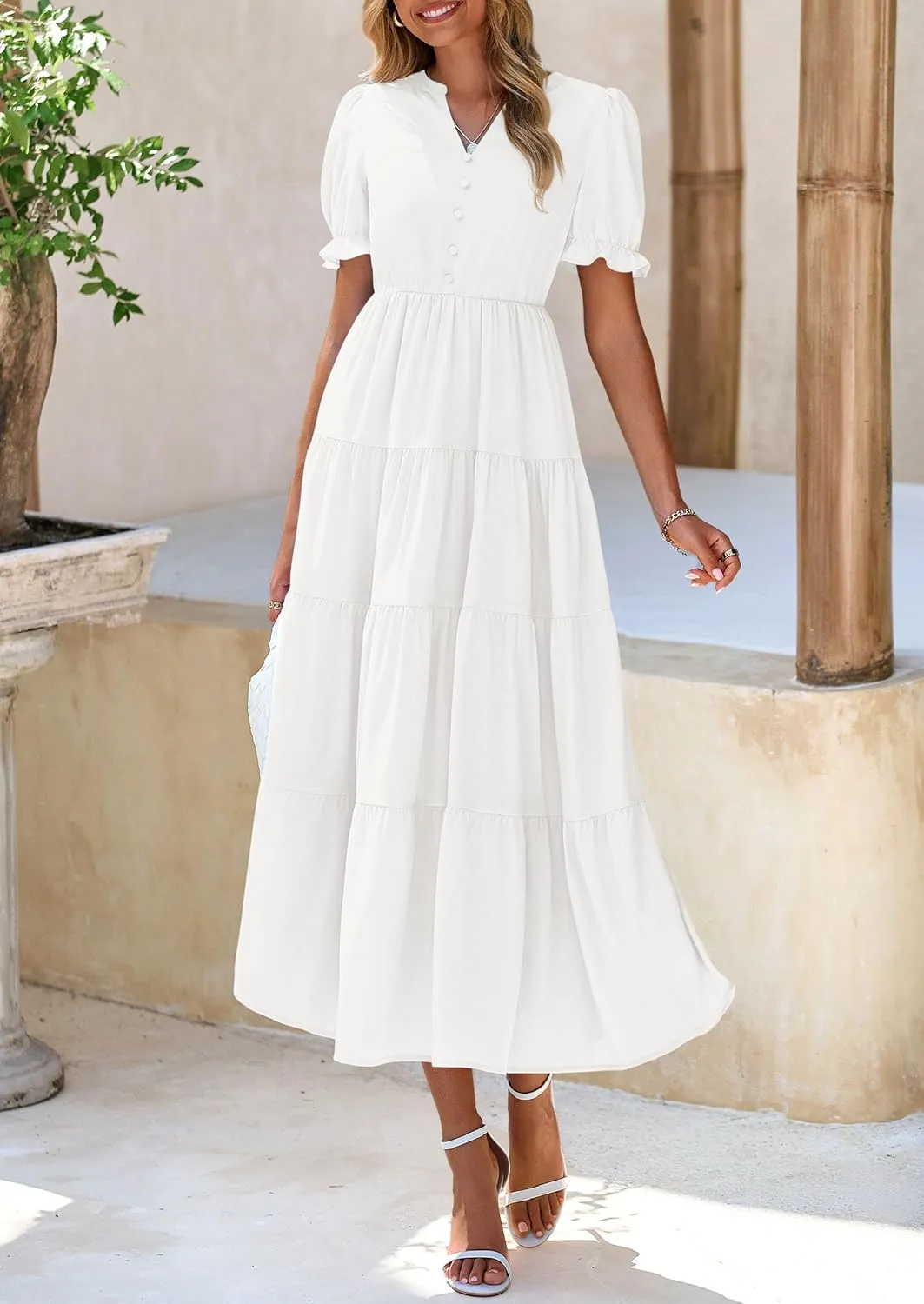 PRETTYGARDEN Women's Summer Casual Short Sleeve V Neck Midi Dresses 2025 Spring A-line Tiered Wedding Guest Dress