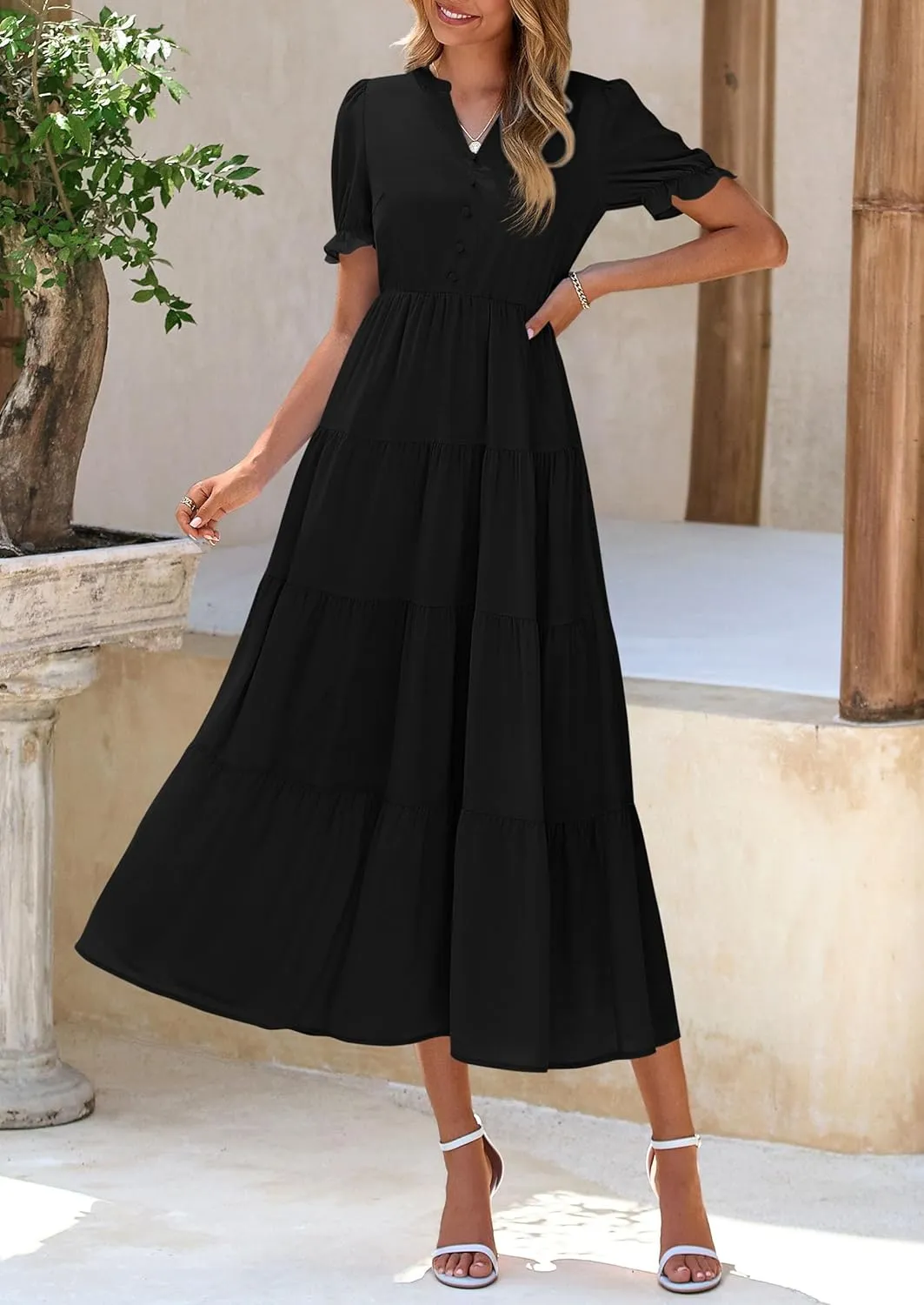 PRETTYGARDEN Women's Summer Casual Short Sleeve V Neck Midi Dresses 2025 Spring A-line Tiered Wedding Guest Dress