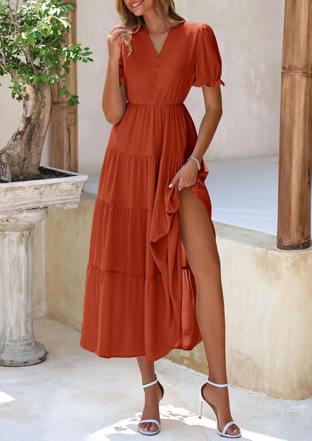 PRETTYGARDEN Women's Summer Casual Short Sleeve V Neck Midi Dresses 2025 Spring A-line Tiered Wedding Guest Dress