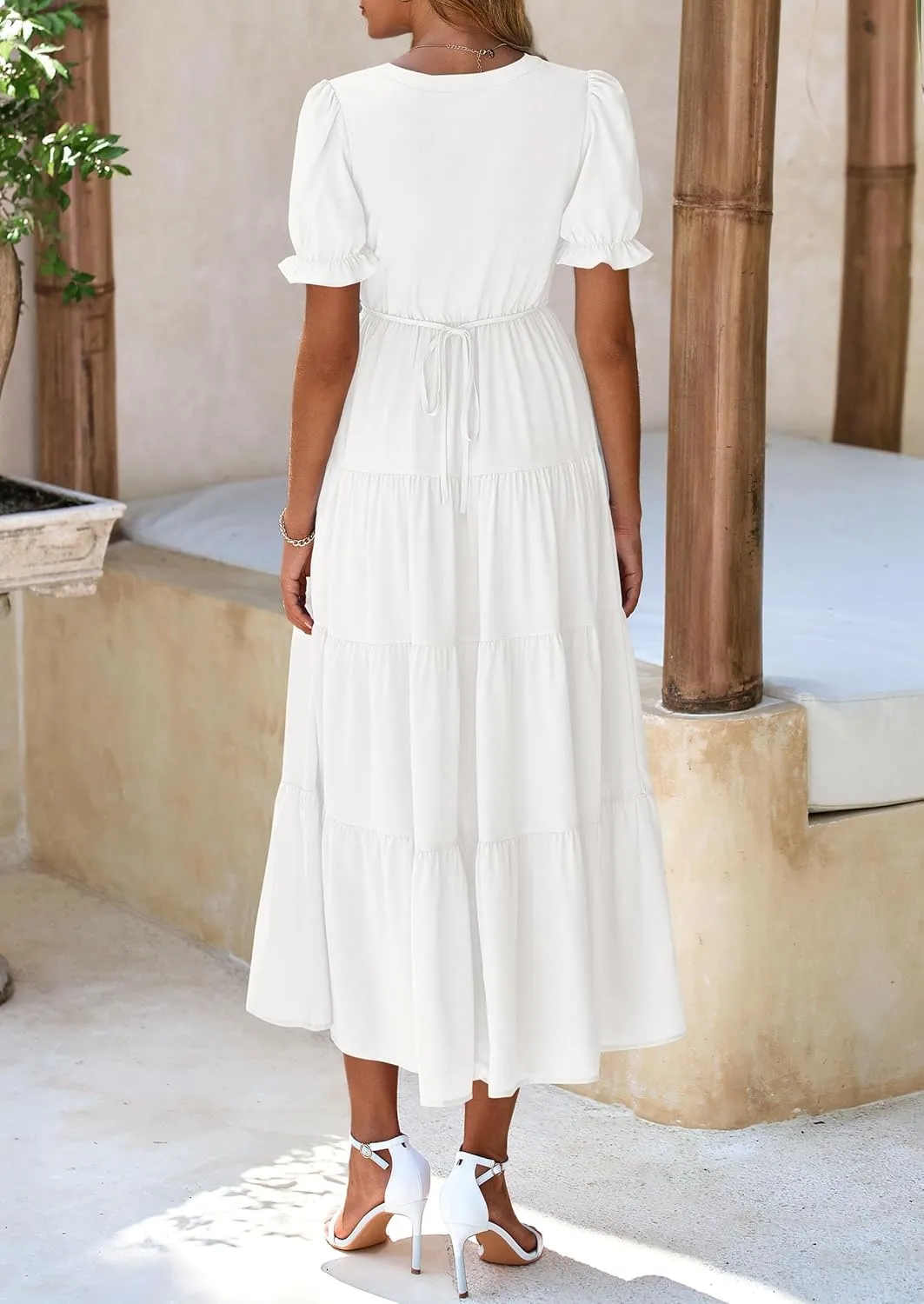PRETTYGARDEN Women's Summer Casual Short Sleeve V Neck Midi Dresses 2025 Spring A-line Tiered Wedding Guest Dress