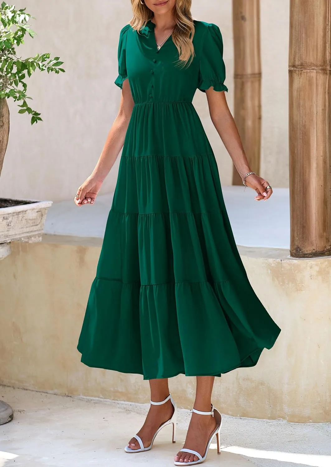 PRETTYGARDEN Women's Summer Casual Short Sleeve V Neck Midi Dresses 2025 Spring A-line Tiered Wedding Guest Dress