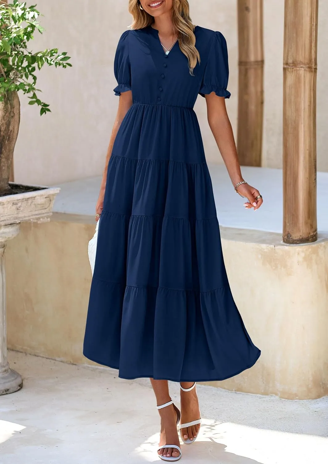 PRETTYGARDEN Women's Summer Casual Short Sleeve V Neck Midi Dresses 2025 Spring A-line Tiered Wedding Guest Dress