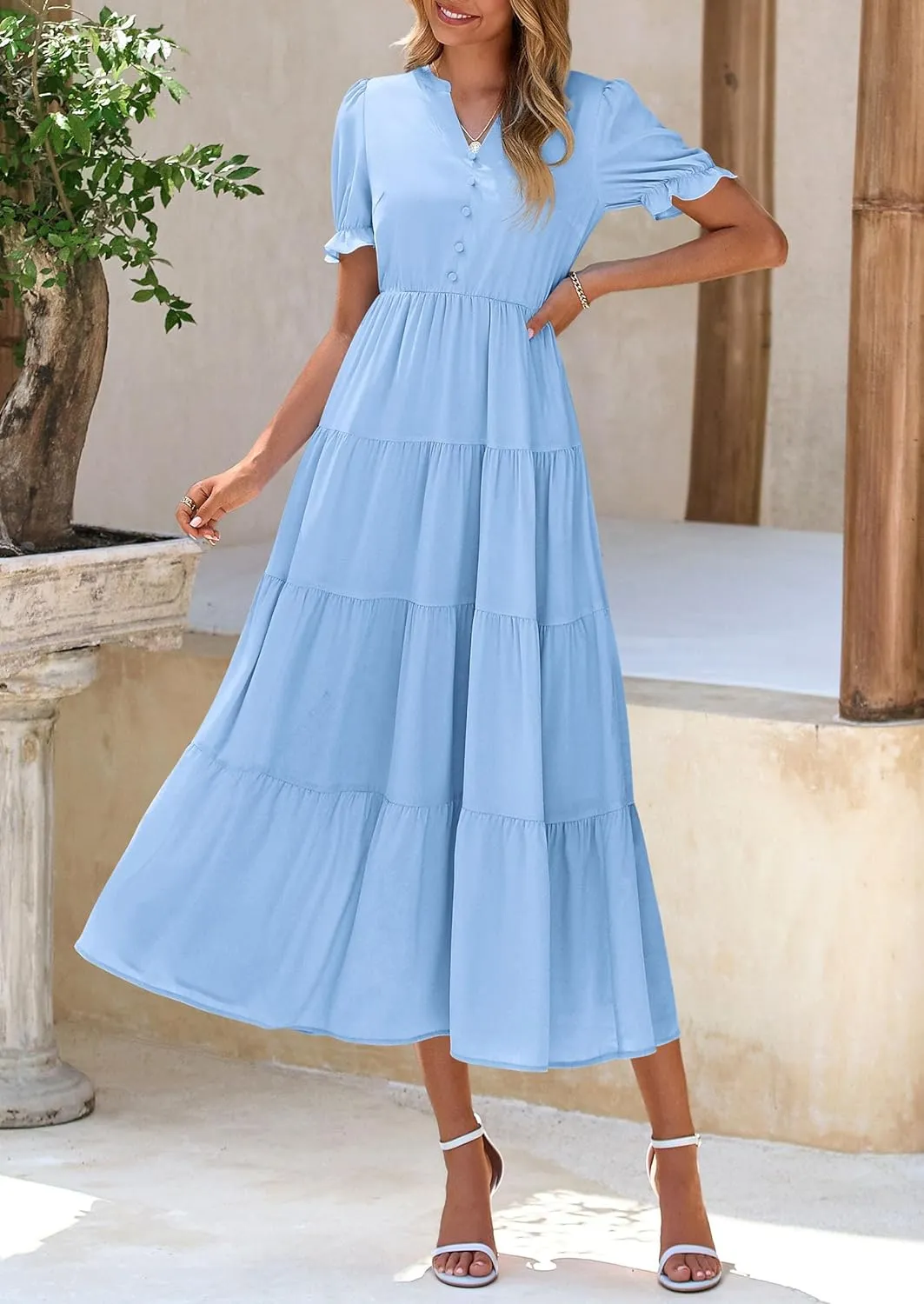 PRETTYGARDEN Women's Summer Casual Short Sleeve V Neck Midi Dresses 2025 Spring A-line Tiered Wedding Guest Dress