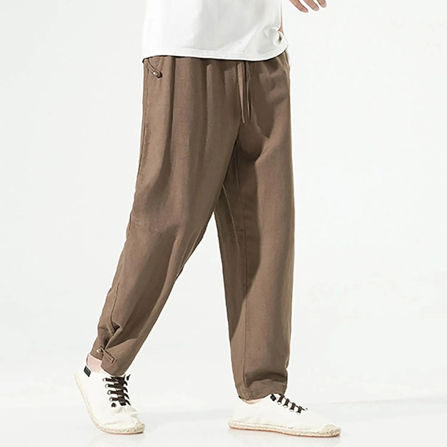 PTOLOCIF Linen Pants Men Elastic Drawstring Waist Long Pants Loose Fit Straight-Legs Pant Summer Yoga Beach Trousers