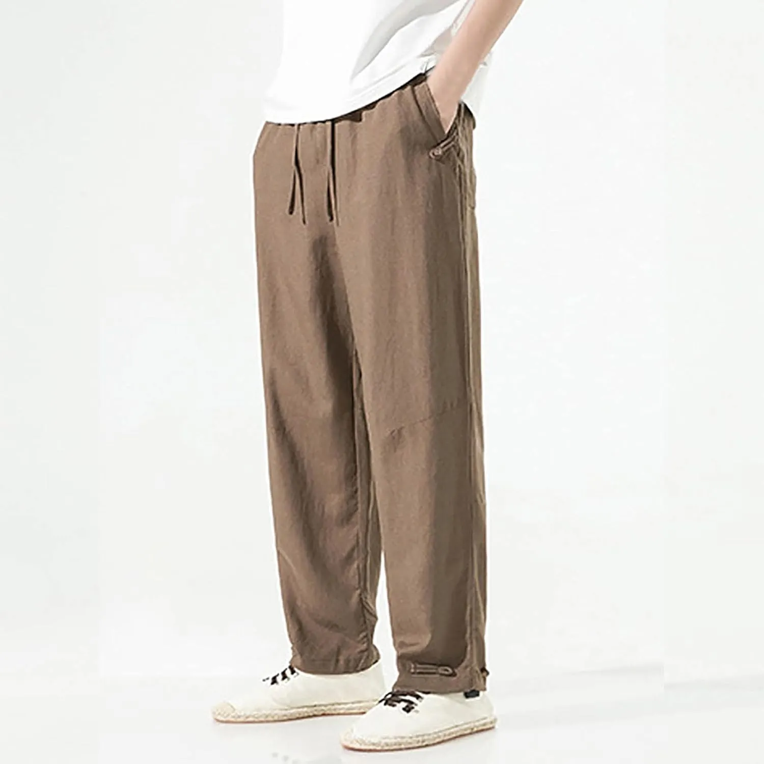 PTOLOCIF Linen Pants Men Elastic Drawstring Waist Long Pants Loose Fit Straight-Legs Pant Summer Yoga Beach Trousers