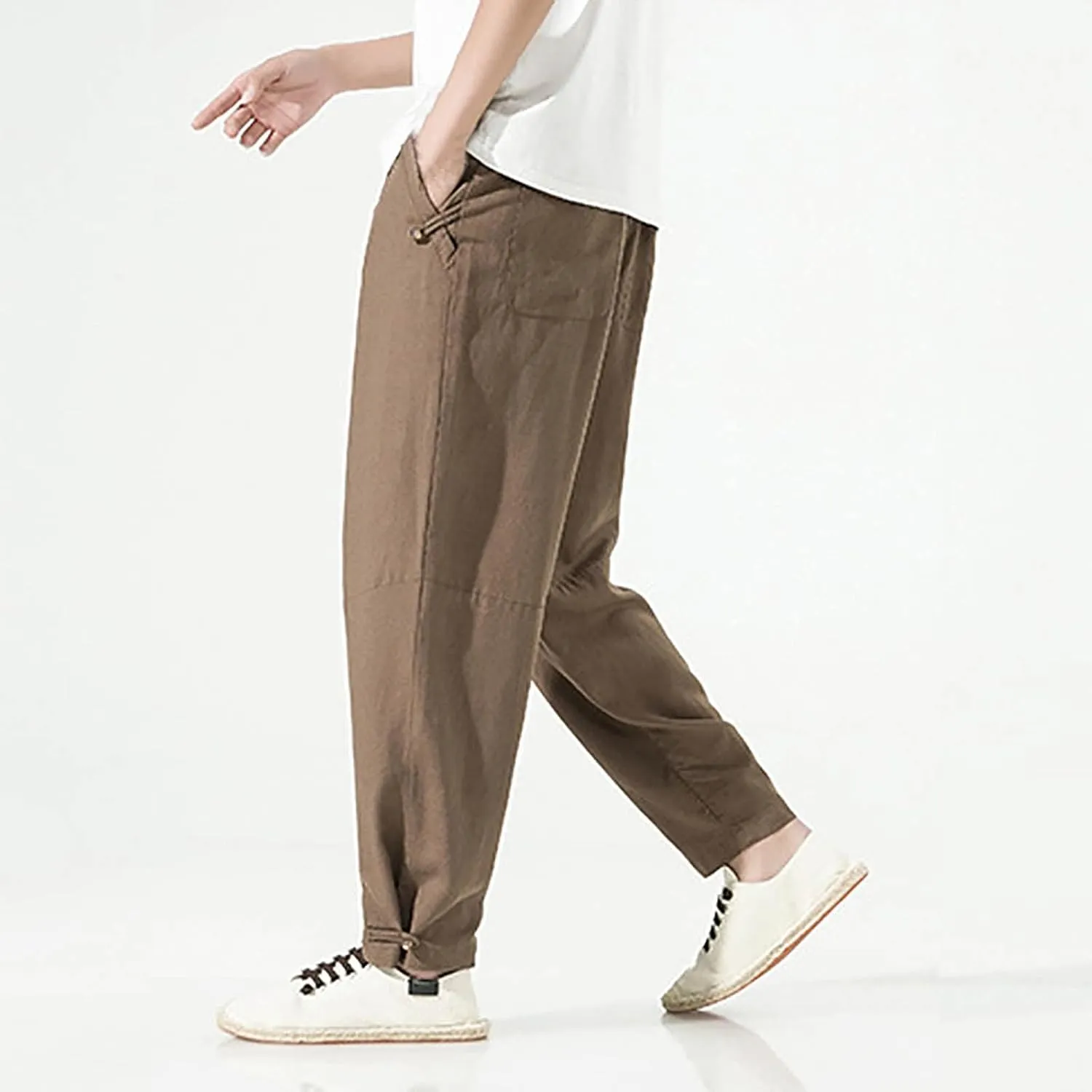 PTOLOCIF Linen Pants Men Elastic Drawstring Waist Long Pants Loose Fit Straight-Legs Pant Summer Yoga Beach Trousers