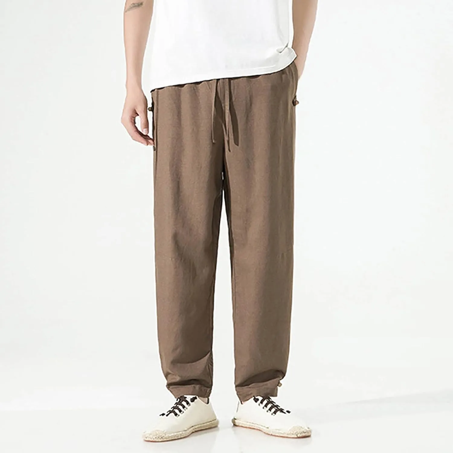 PTOLOCIF Linen Pants Men Elastic Drawstring Waist Long Pants Loose Fit Straight-Legs Pant Summer Yoga Beach Trousers
