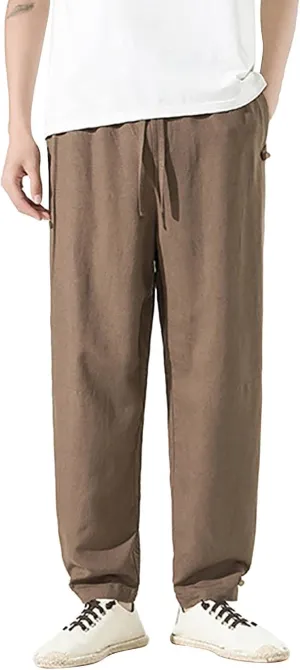 PTOLOCIF Linen Pants Men Elastic Drawstring Waist Long Pants Loose Fit Straight-Legs Pant Summer Yoga Beach Trousers