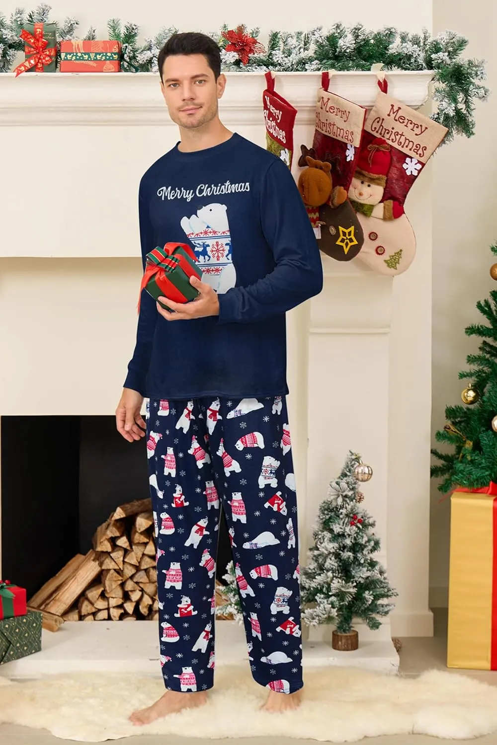 RAISEVERN Mens Christmas Pajamas Set Ugly Pjs Pants and Long Sleeve Shirts Xmas Sleepwear with Pockets