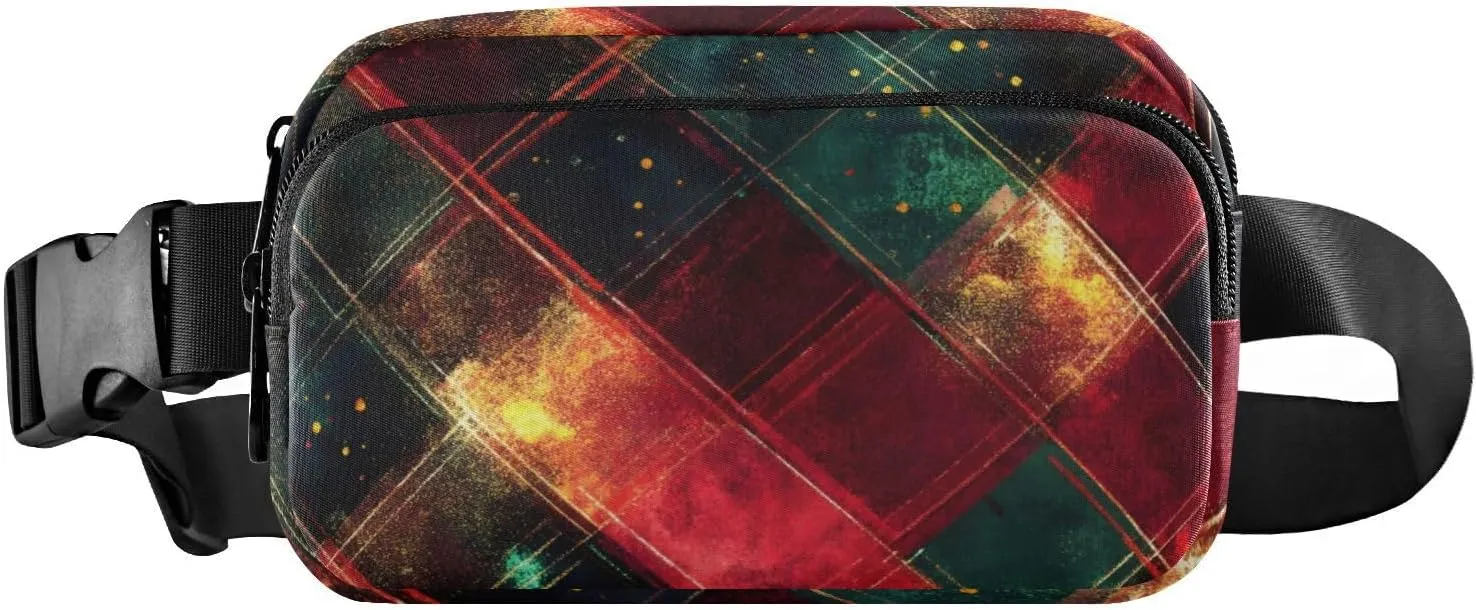 Red Plaid Fanny Packs for Women Men, Water Resistant Waist Pack Sling Bag Purse for Travel Hiking