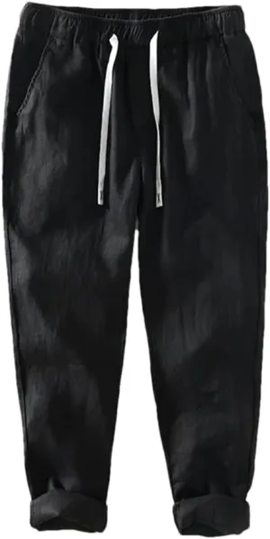 REHJJDFD Men Casual Pants Men's Linen Breathable Lanyard Trousers Baggy Harem Pants Solid Color Loose Comfy Yoga Pants