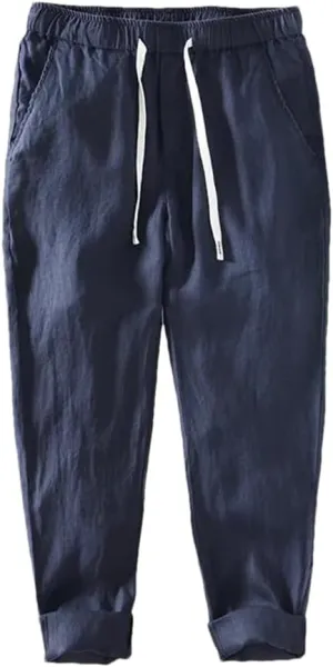 REHJJDFD Men Casual Pants Men's Linen Breathable Lanyard Trousers Baggy Harem Pants Solid Color Loose Comfy Yoga Pants