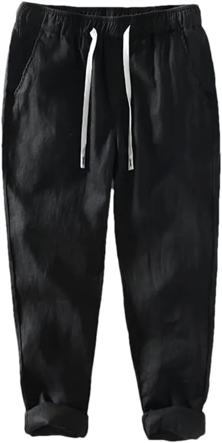 REHJJDFD Men Casual Pants Men's Linen Breathable Lanyard Trousers Baggy Harem Pants Solid Color Loose Comfy Yoga Pants