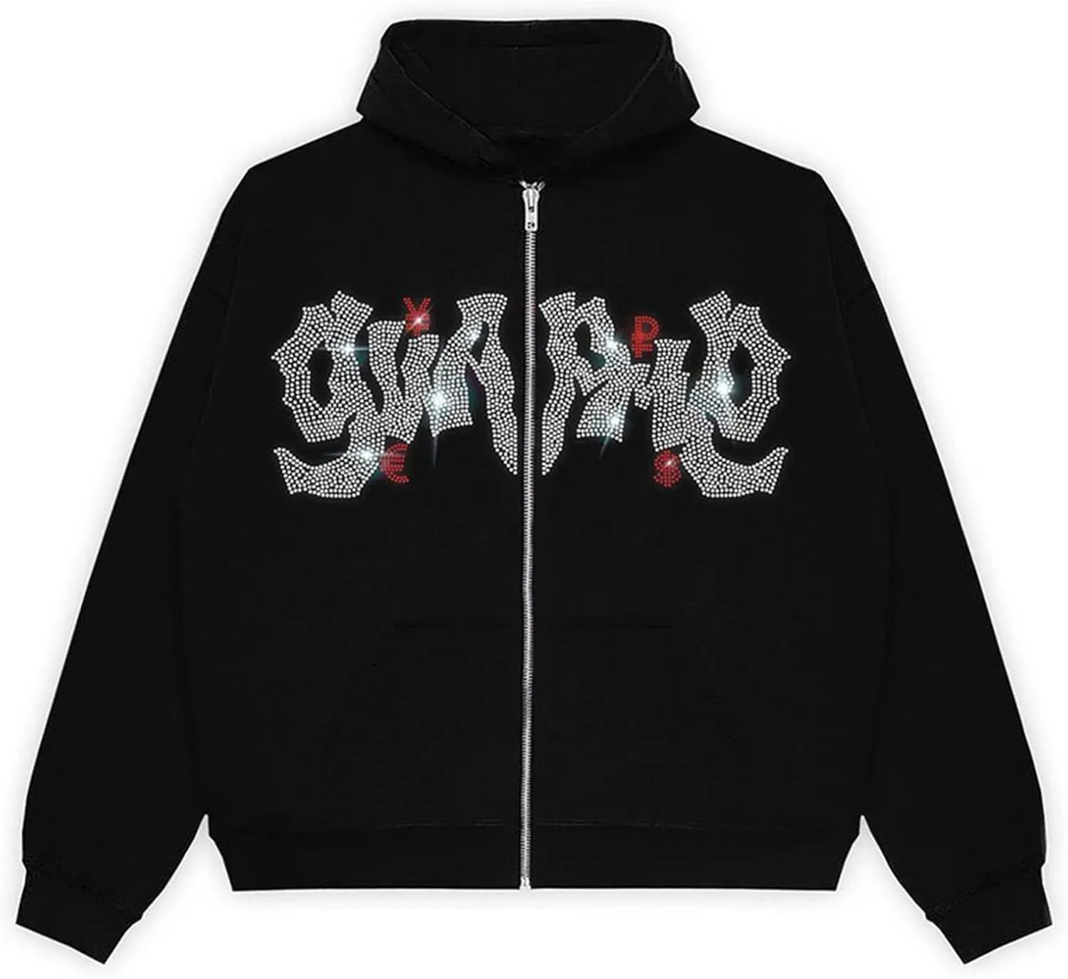 Rhinestone Skeleton Zip Up Hoodie, Men Women Y2K Oversize Jacket Skull Sweatershirt