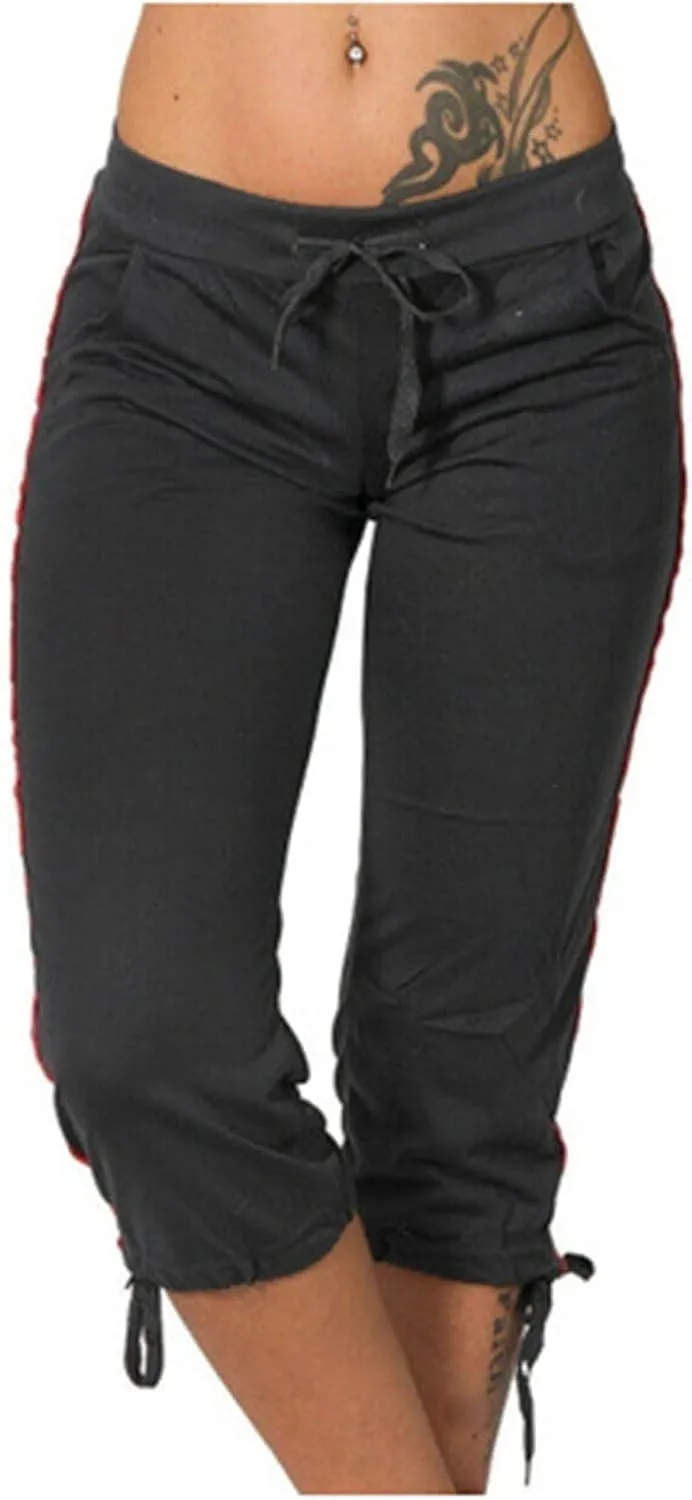 RKSTN Womens Capris for Summer 2025 Casual Yoga Gym Capri Leggings with Drawstring Shorts High Waisted Cropped Beach Pants