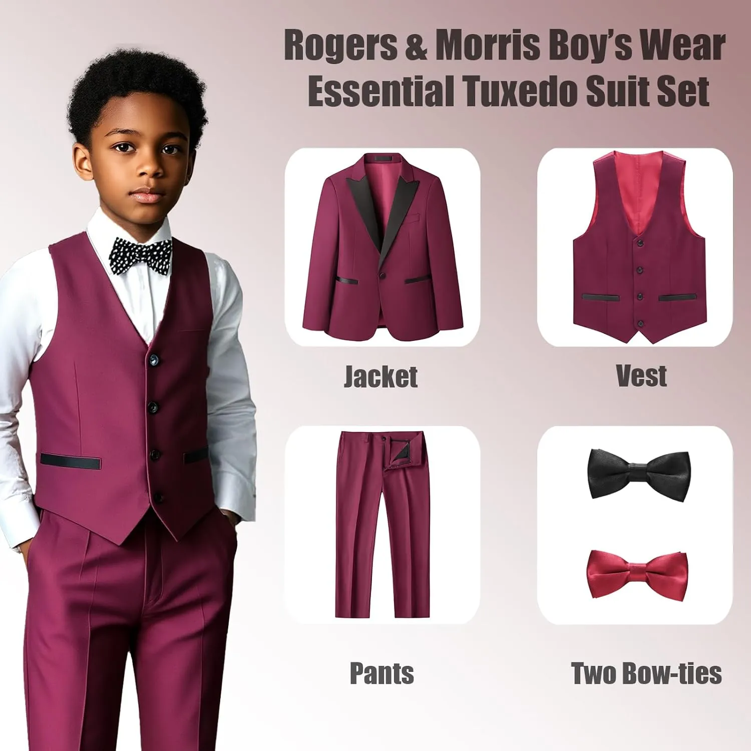 Rogers & Morris Boys Tuxedo Suit Formal Outfits Slim Fit Solid Kids 5 Piece Suit Set Peak Lapel