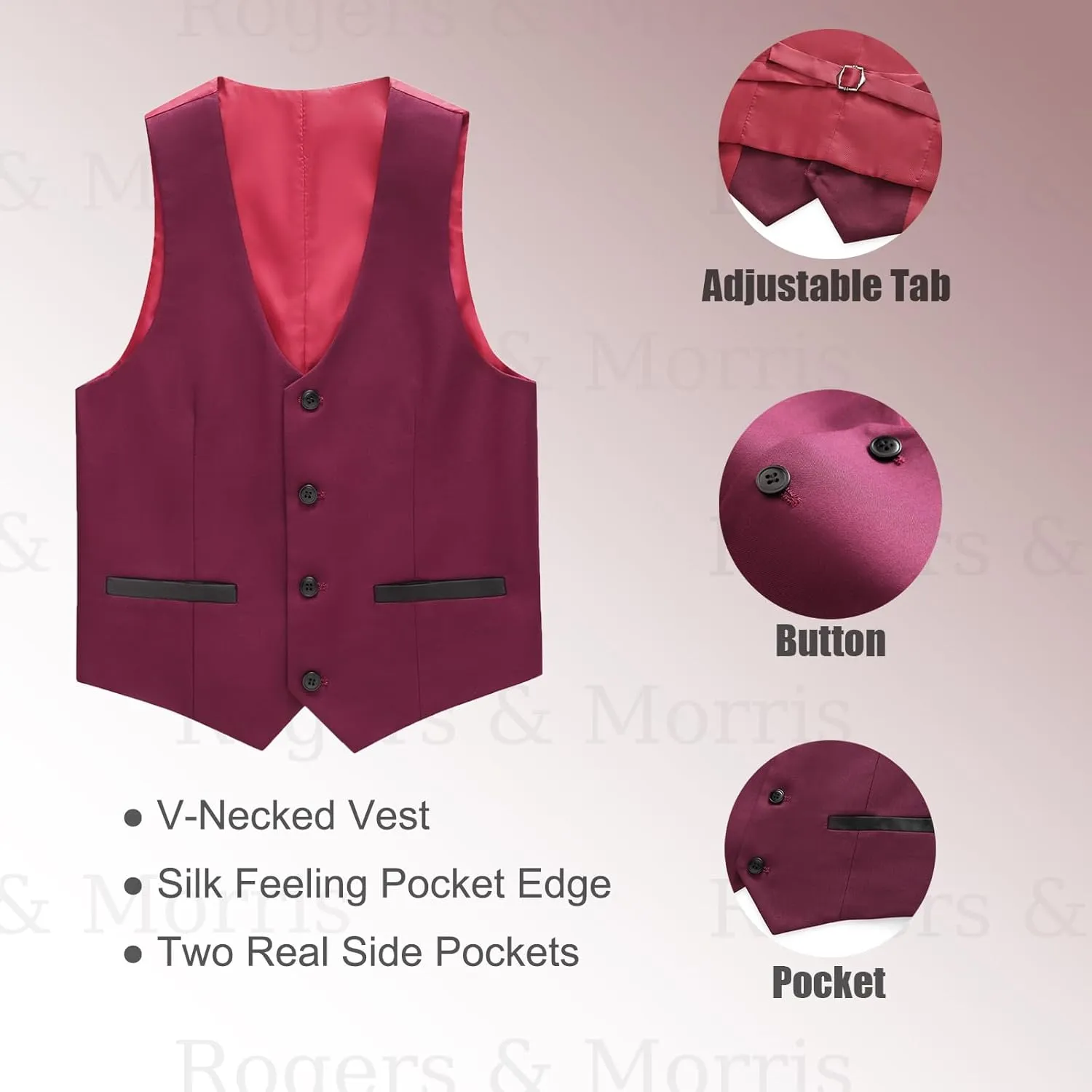 Rogers & Morris Boys Tuxedo Suit Formal Outfits Slim Fit Solid Kids 5 Piece Suit Set Peak Lapel