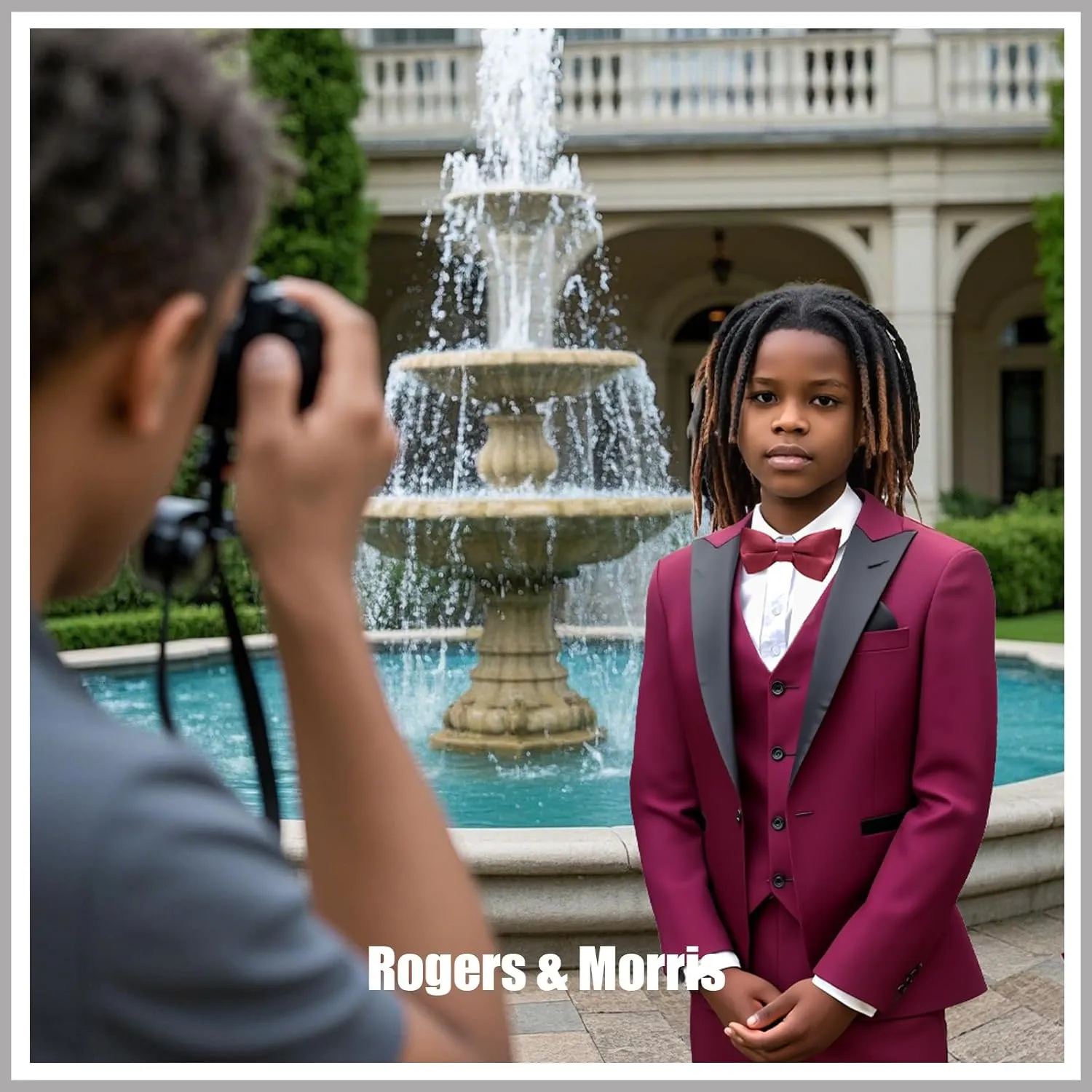 Rogers & Morris Boys Tuxedo Suit Formal Outfits Slim Fit Solid Kids 5 Piece Suit Set Peak Lapel