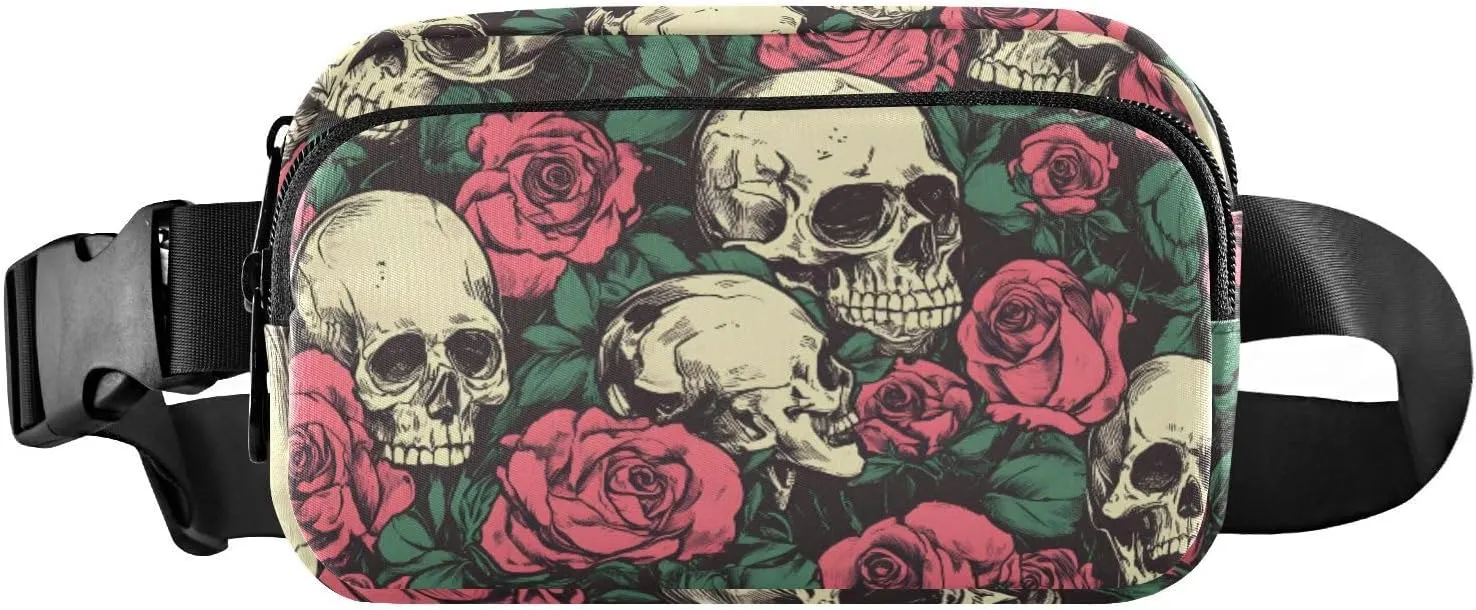 Roses Skulls Fanny Packs for Women Men, Water Resistant Waist Pack Sling Bag Purse for Travel Hiking